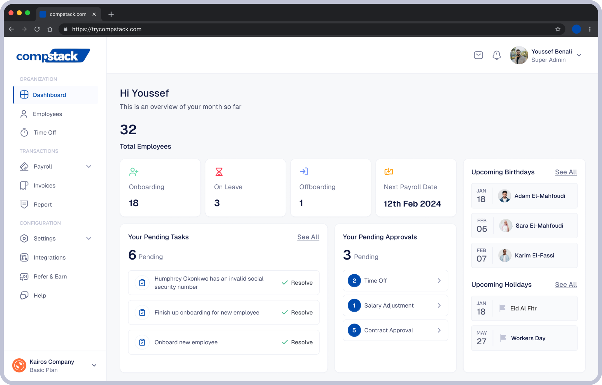 Espace Compstack avec effectifs, statut de la paie, congés et file d'approbations